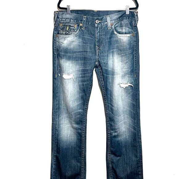 True Religion Mens Straight Leg Vintage Distressed Flap Pocket Jeans Sz 34/34 - Picture 3 of 8